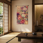 Japanese peony garden flag used as soft wall decor in a tatami room