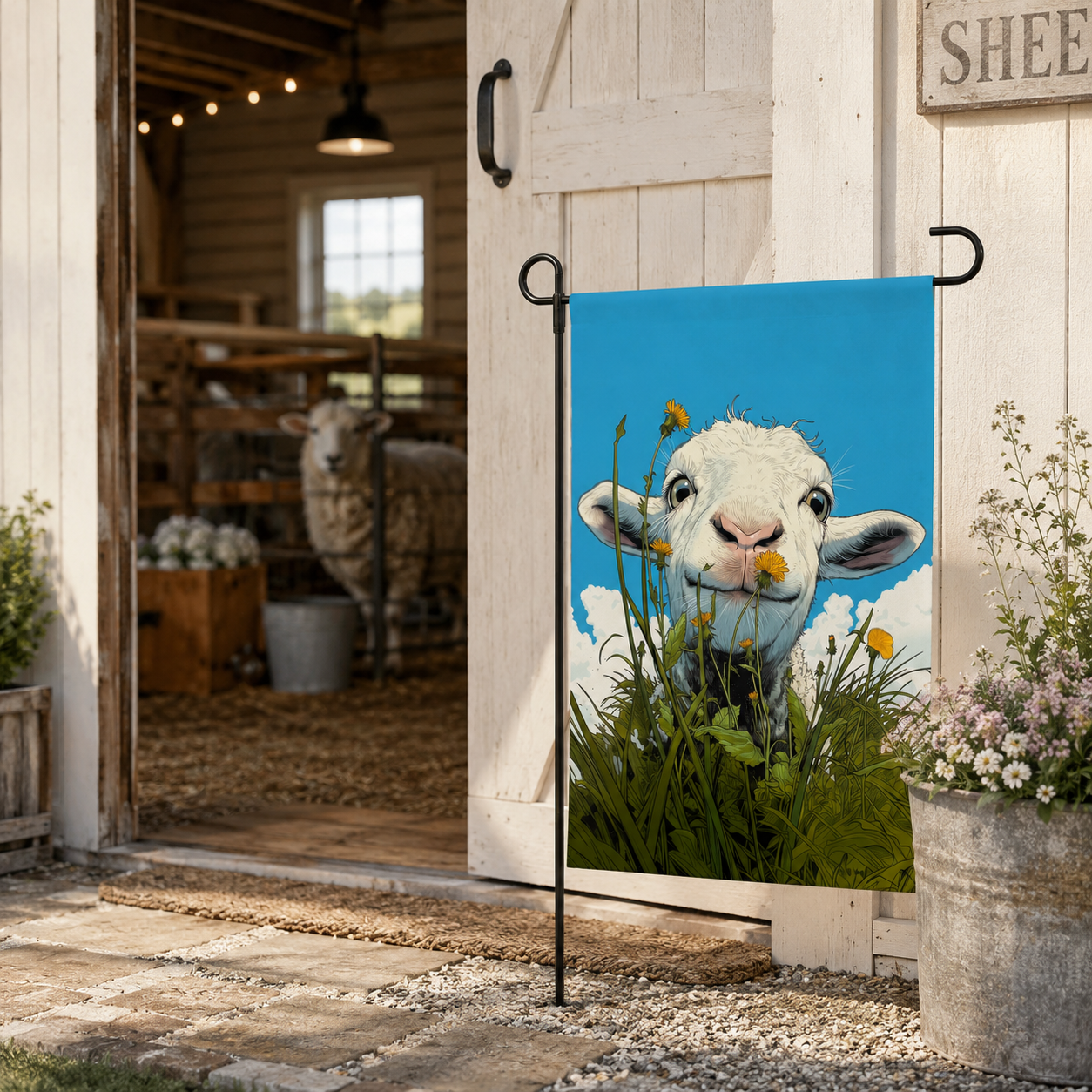 Lamb dandelion garden flag displayed beside a bright sheep barn entrance