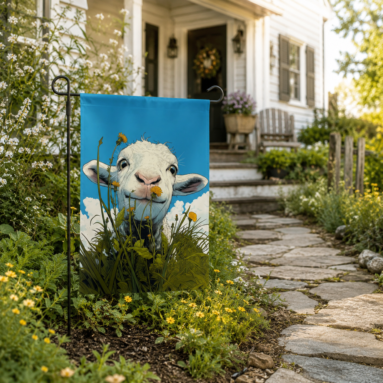 Lamb dandelion garden flag displayed near a farmhouse lawn and white fence