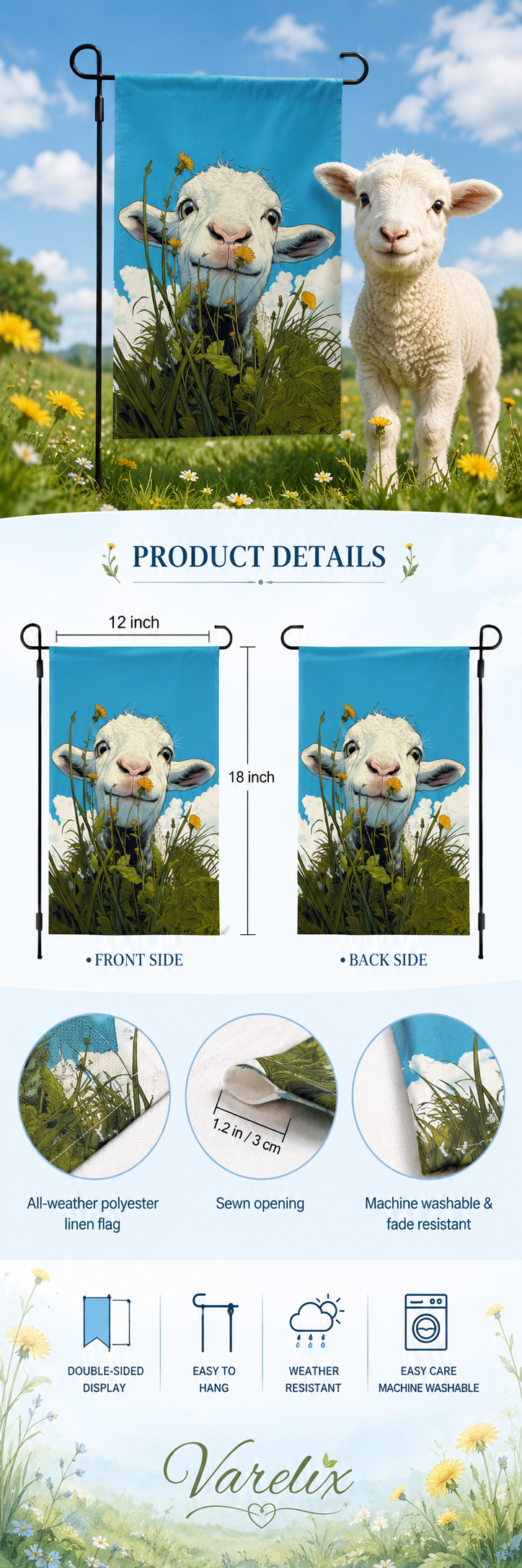 Lamb dandelion garden flag infographic showing size, fabric, and care details
