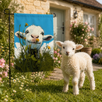 Lamb dandelion garden flag styled in a cottage garden with a lamb