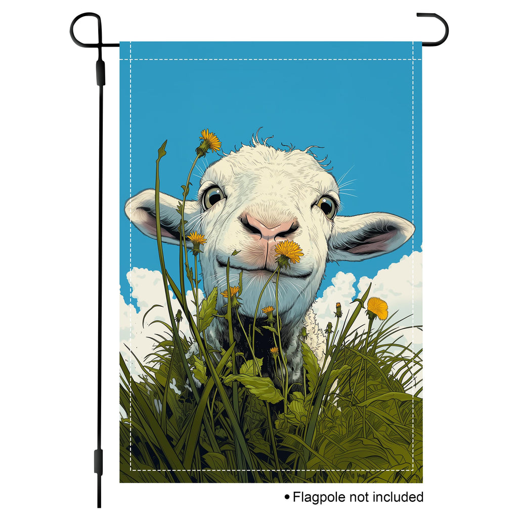 Lamb dandelion garden flag with a smiling sheep on a blue sky background