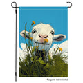 Lamb dandelion garden flag with a smiling sheep on a blue sky background