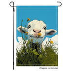Lamb dandelion garden flag with a smiling sheep on a blue sky background