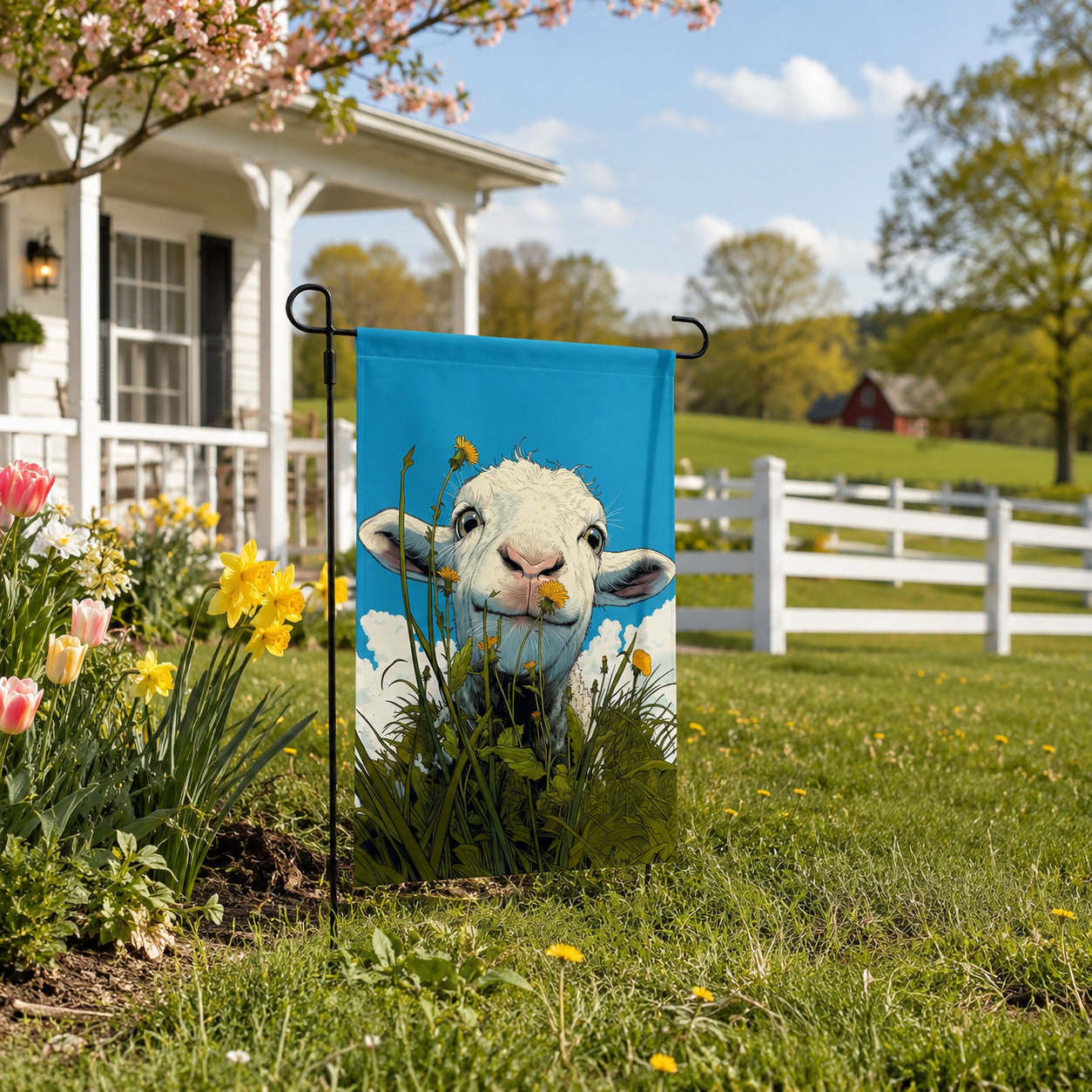 Lamb dandelion garden flag displayed in a sunny meadow with a lamb