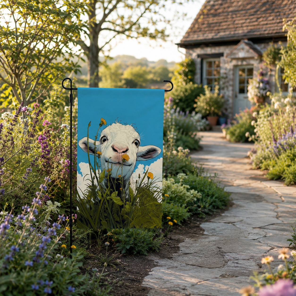 Lamb dandelion garden flag displayed near a farmhouse lawn and white fence