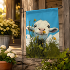 Lamb dandelion garden flag displayed near a rustic porch garden