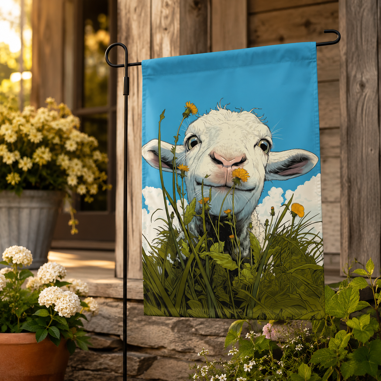 Lamb dandelion garden flag displayed near a rustic porch garden