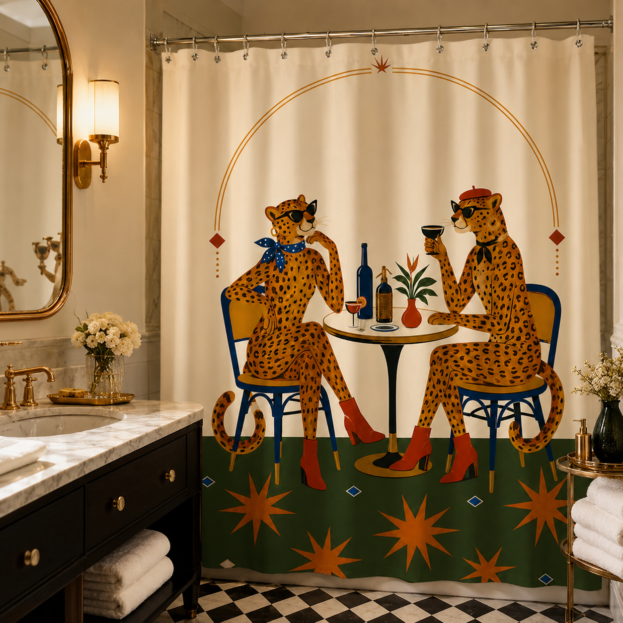 Whimsical leopard cafe shower curtain design paired with a black bathroom vanity and marble countertop.