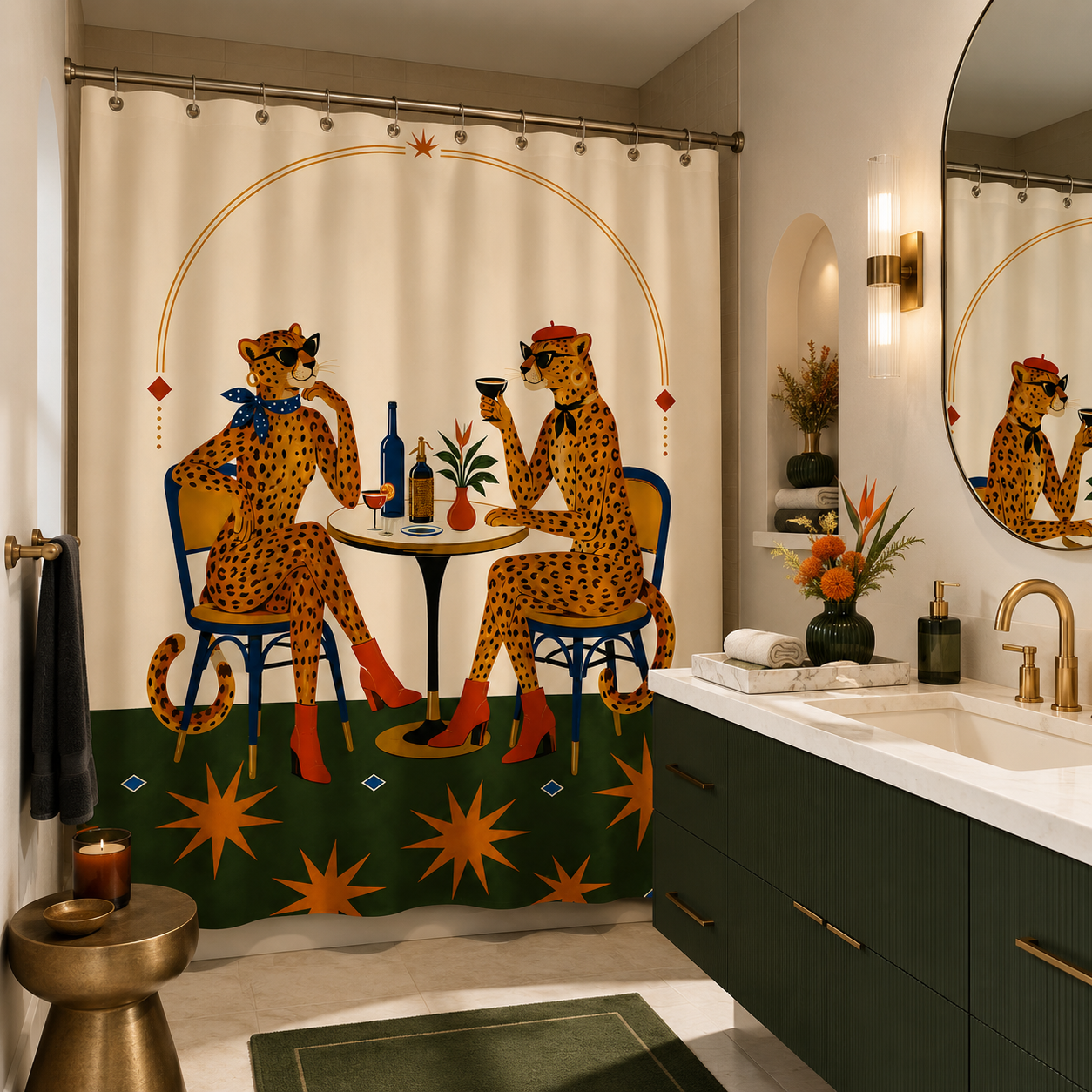 Mid century modern style leopard shower curtain hanging next to a dark green vanity cabinet.