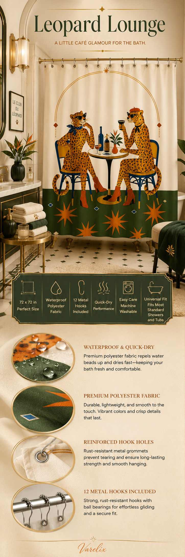 Fabric shower curtain infographic featuring leopard bistro artwork, waterproof details, and sizing guide.
