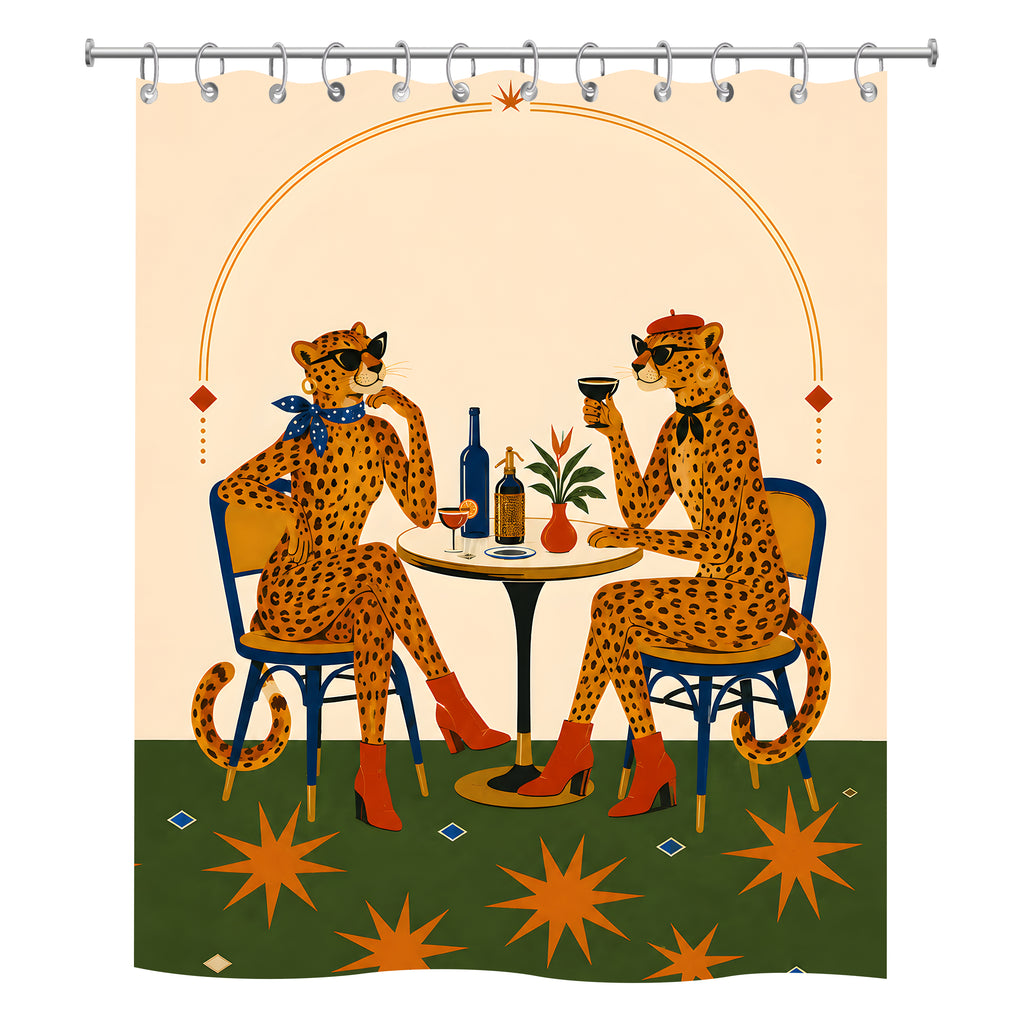 Fun illustration shower curtain showing two leopards wearing sunglasses at a cafe table.