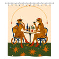 Fun illustration shower curtain showing two leopards wearing sunglasses at a cafe table.