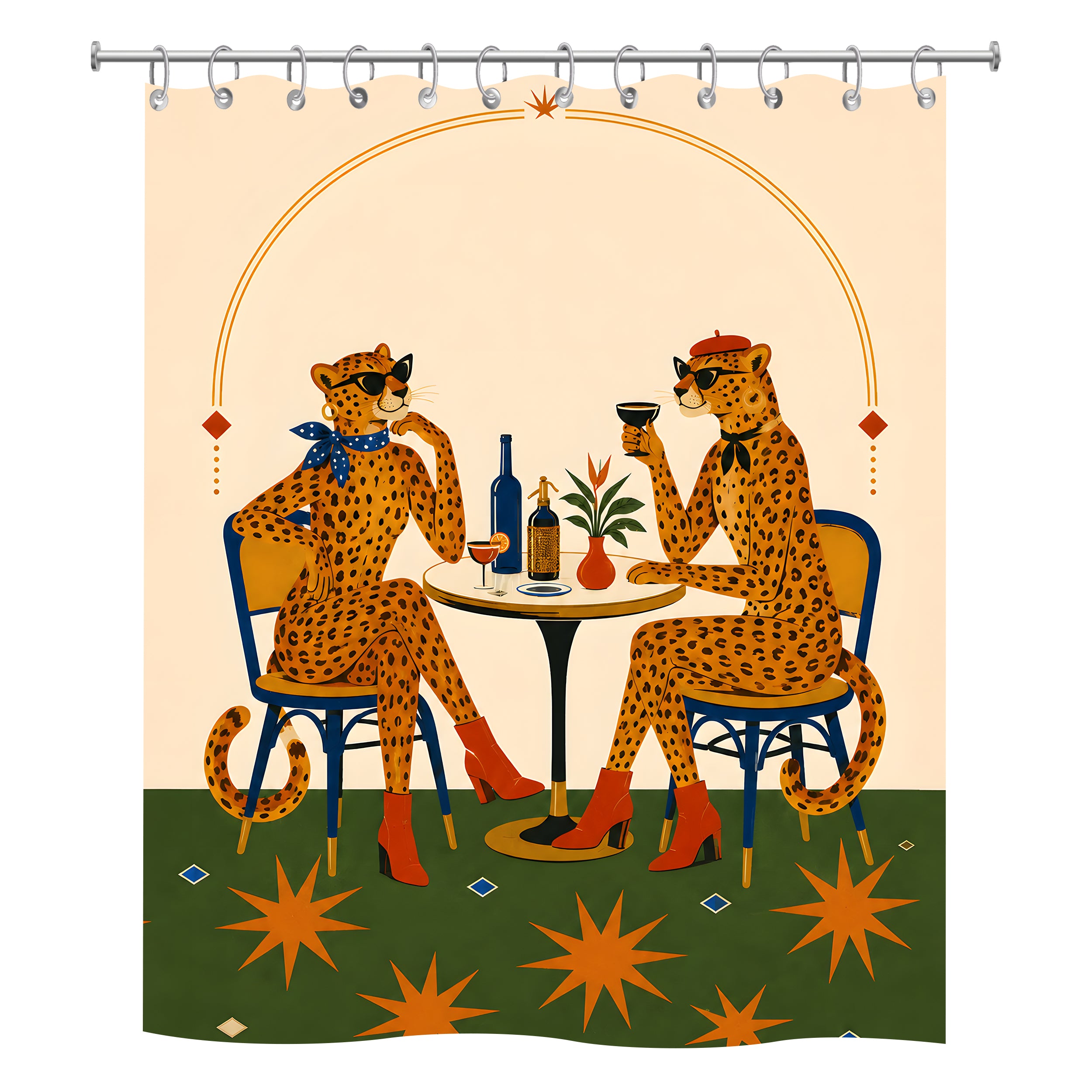 Fun illustration shower curtain showing two leopards wearing sunglasses at a cafe table.