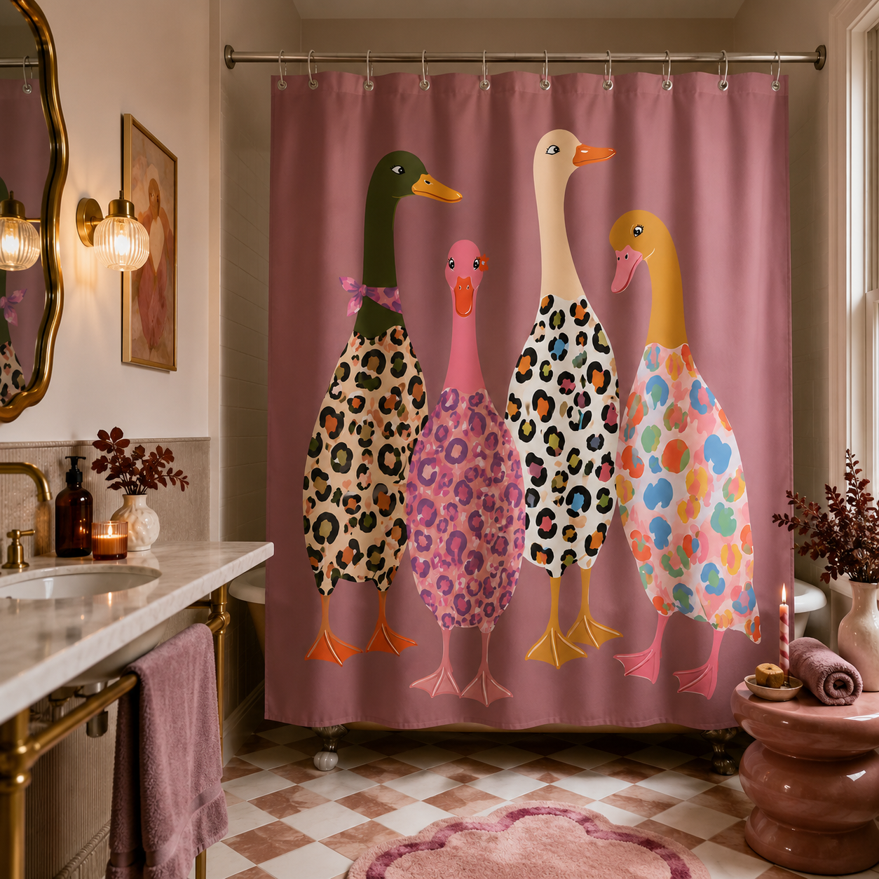Whimsical leopard print ducks shower curtain paired with warm lighting and checkered tile flooring.