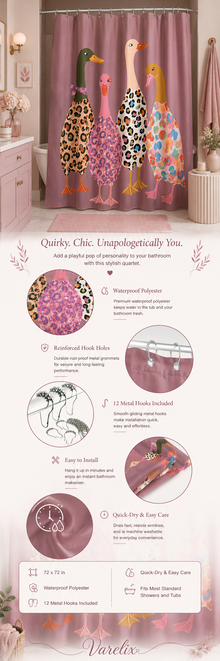 Detailed infographic for a fabric shower curtain featuring leopard print ducks, waterproof features, and metal hooks.