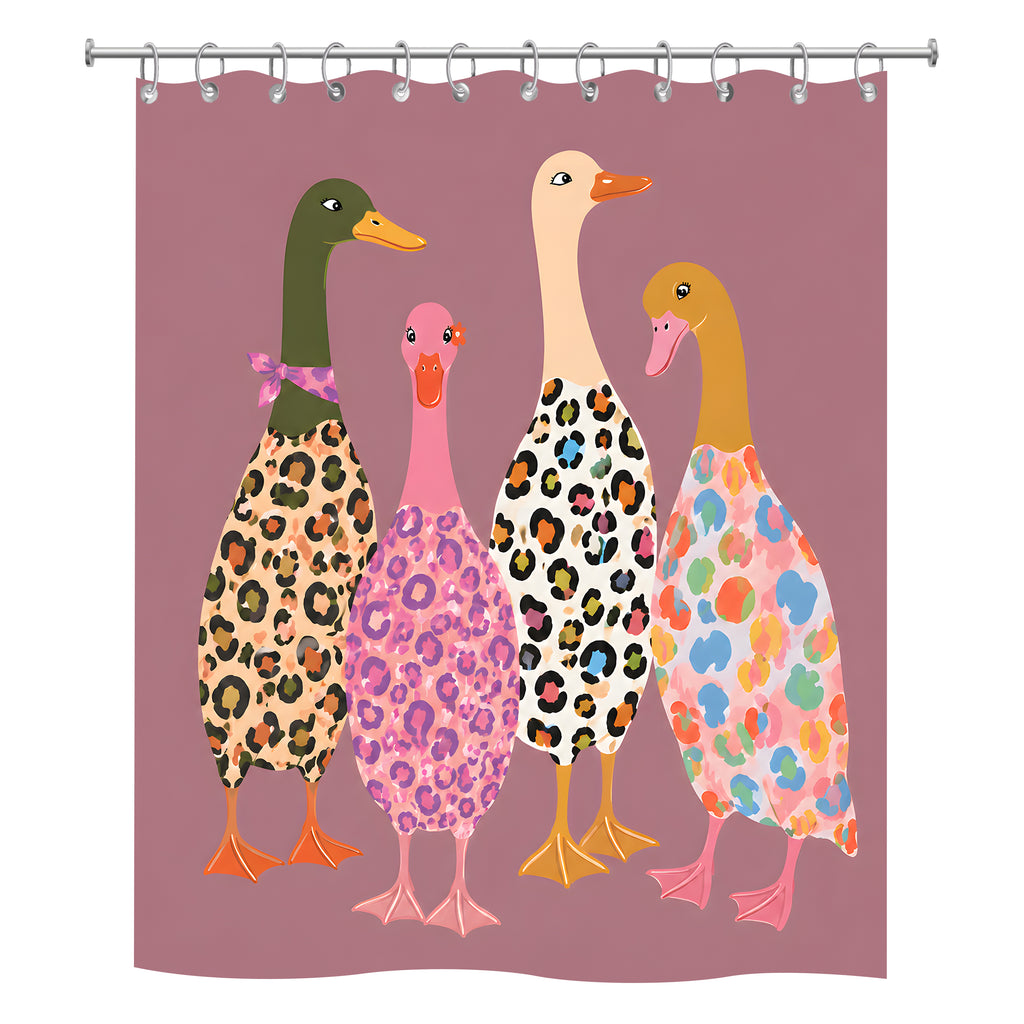 Fun illustration shower curtain showing four stylized ducks wearing colorful leopard and animal prints.