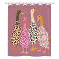 Fun illustration shower curtain showing four stylized ducks wearing colorful leopard and animal prints.