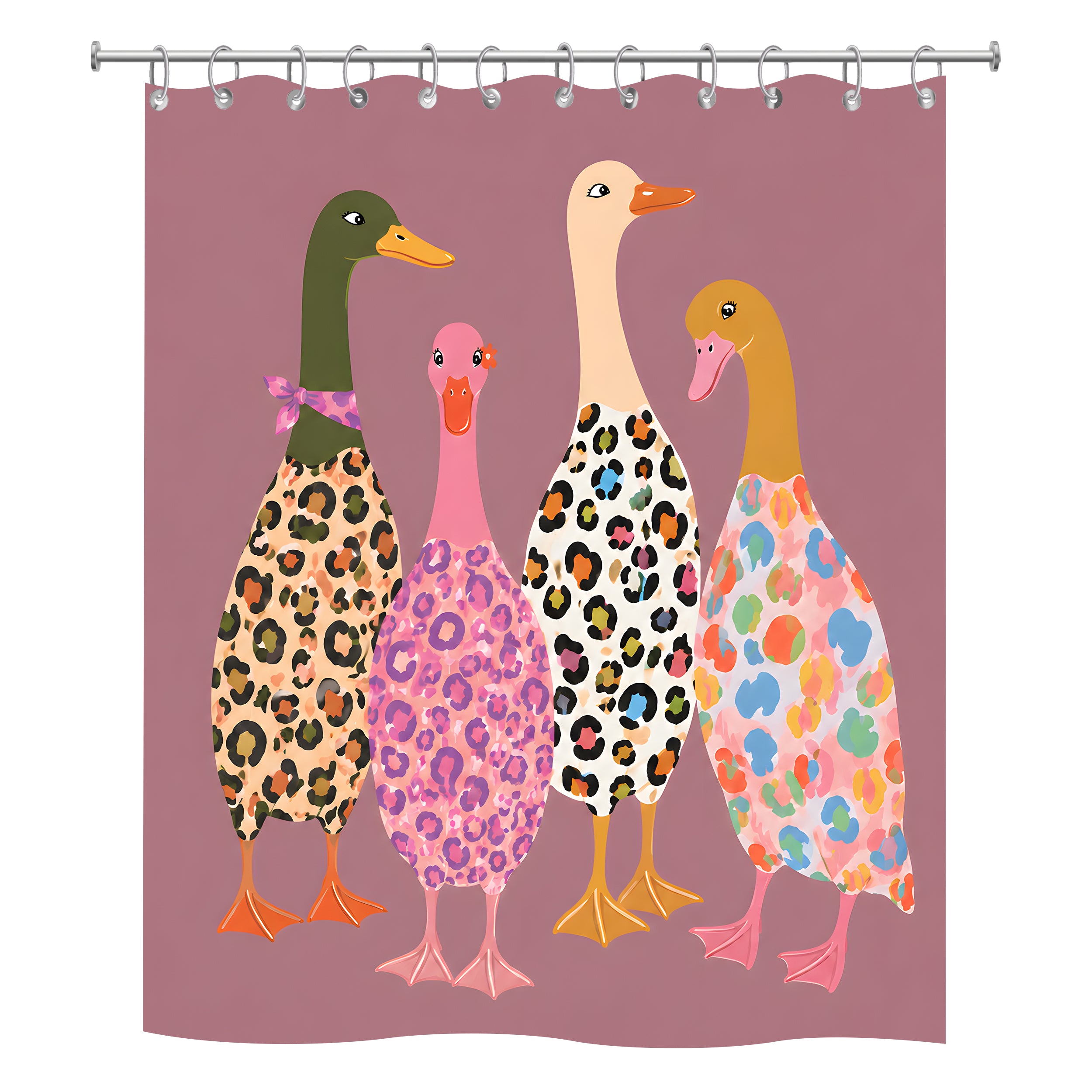 Fun illustration shower curtain showing four stylized ducks wearing colorful leopard and animal prints.
