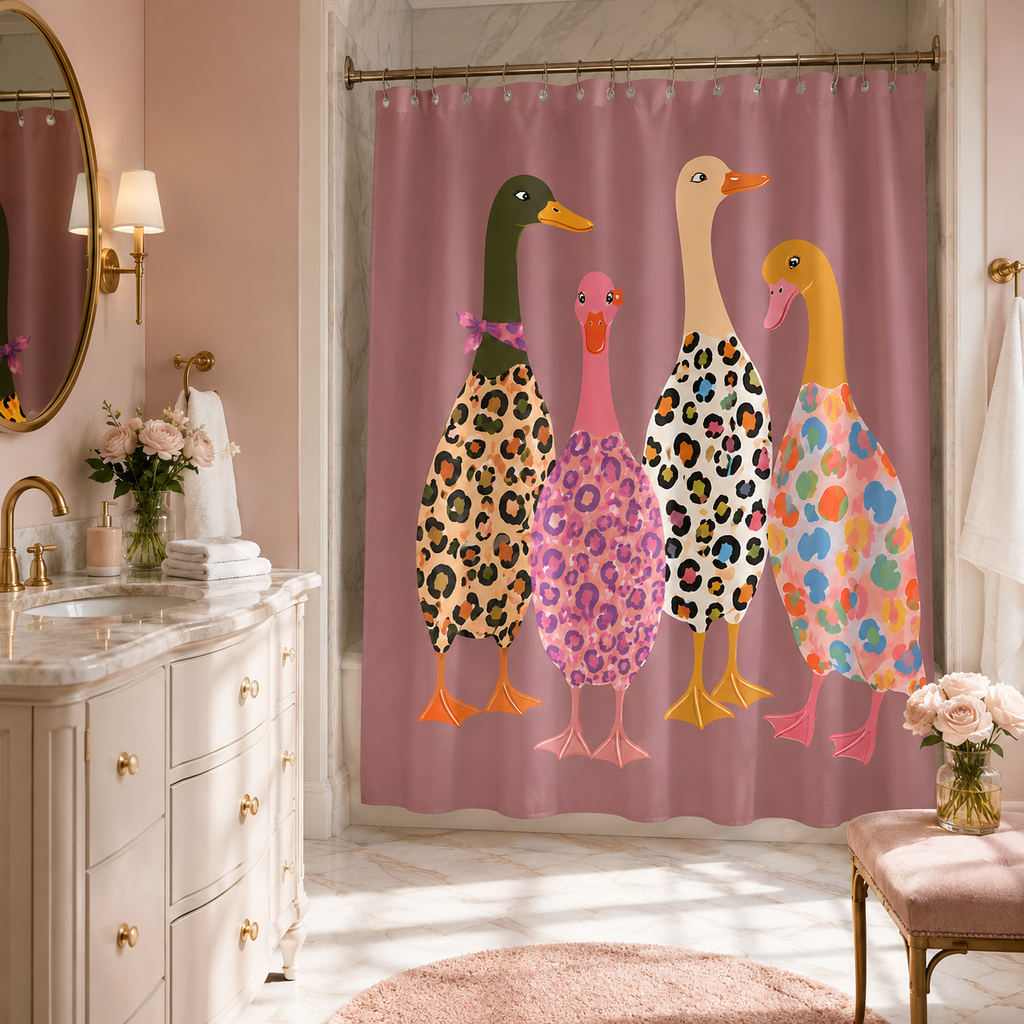 Playful leopard print ducks shower curtain in a dusty pink bathroom with a classic white vanity.