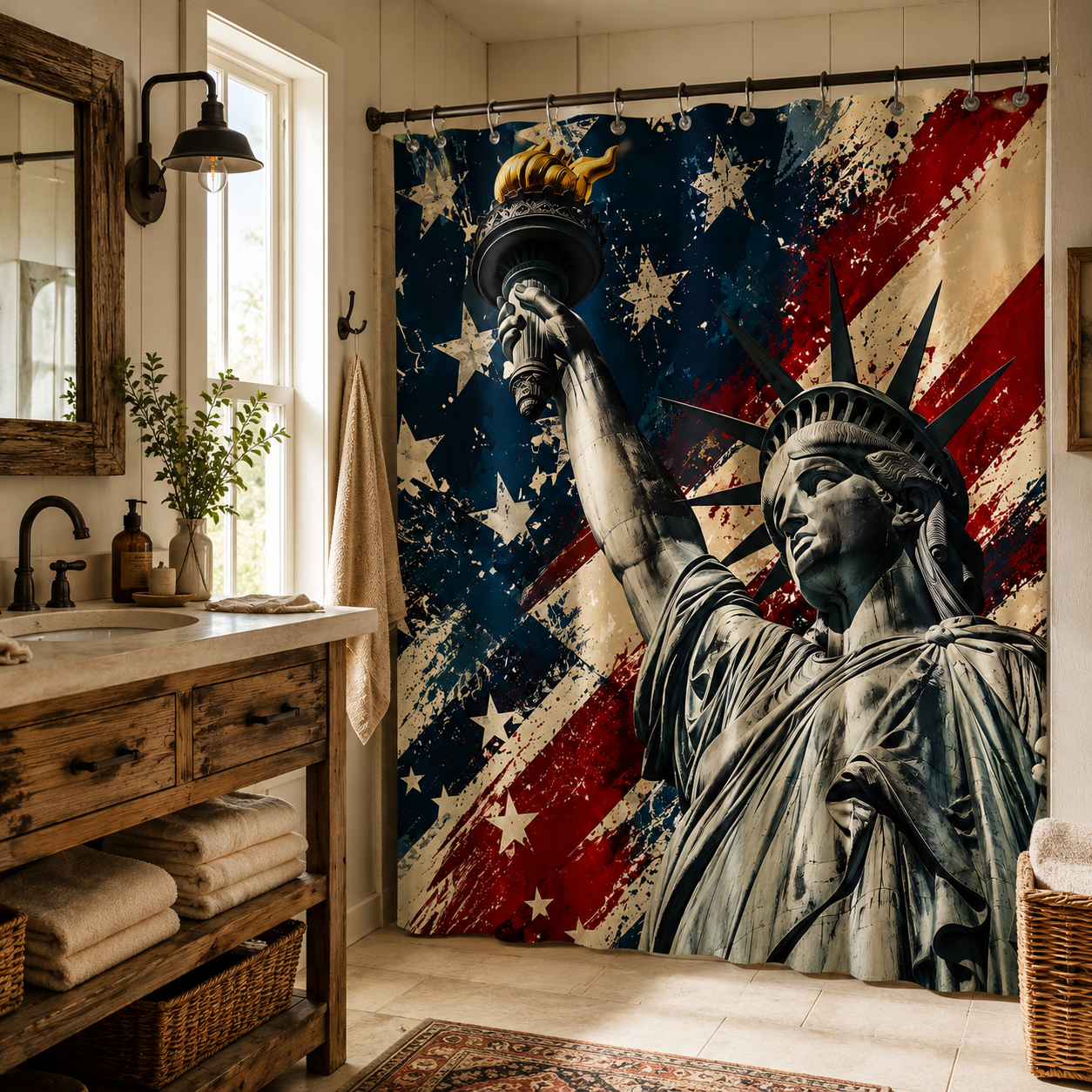 Patriotic American flag shower curtain featuring the Statue of Liberty in a rustic farmhouse bathroom.