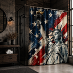 Grunge American flag and Statue of Liberty shower curtain styling in a dark industrial bathroom.
