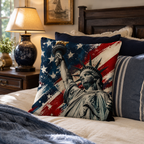 Patriotic Americana Liberty theme pillow cover arranged on a bed with cozy pillows and linens.