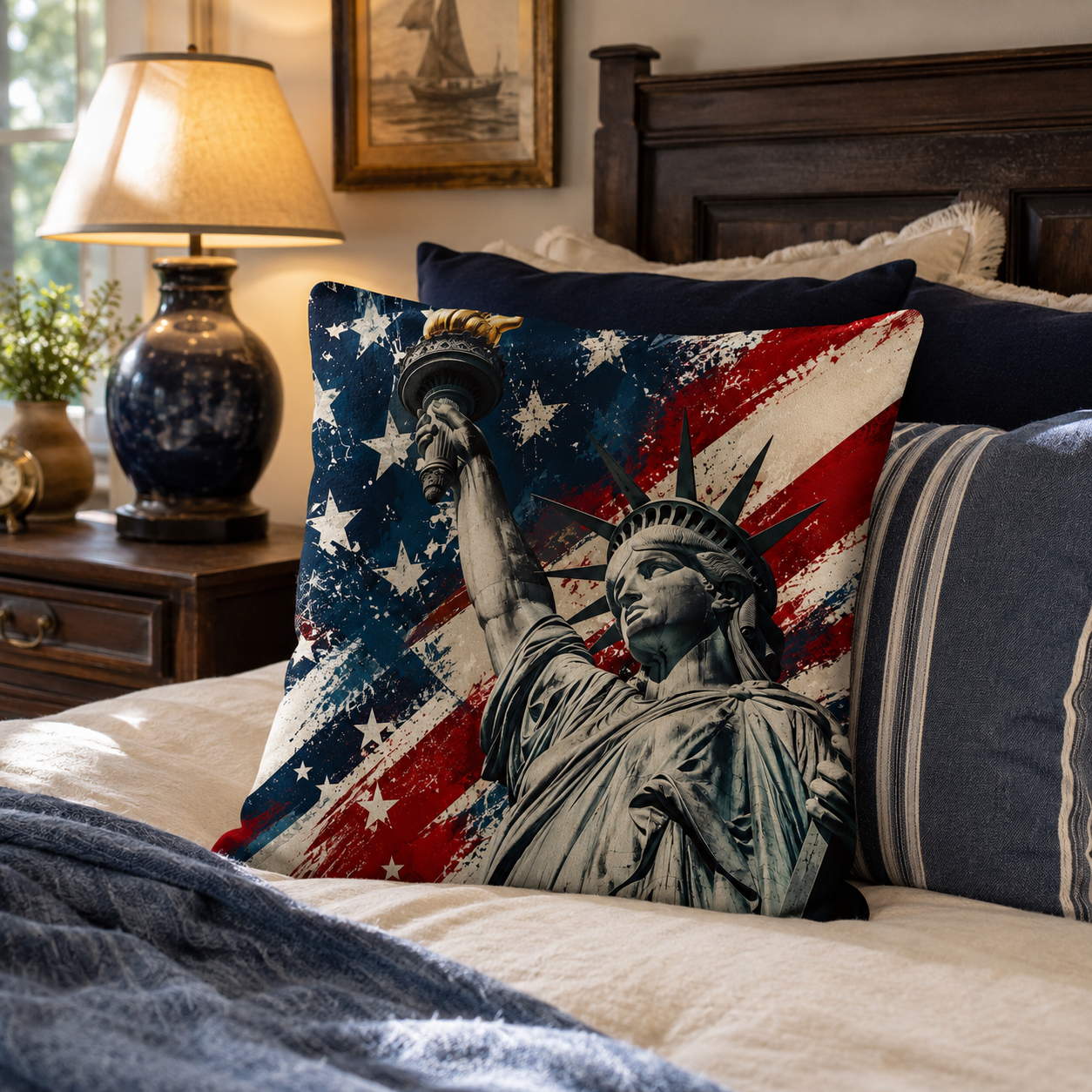 Patriotic Americana Liberty theme pillow cover arranged on a bed with cozy pillows and linens.