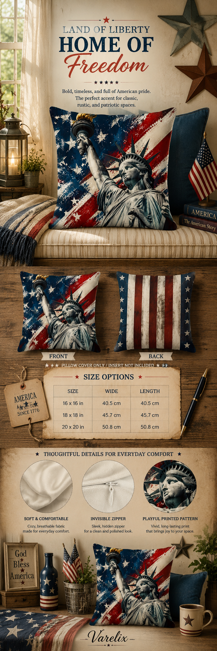 Detailed product infographic for the Statue of Liberty pillow cover displaying sizes, zipper, and fabric features.