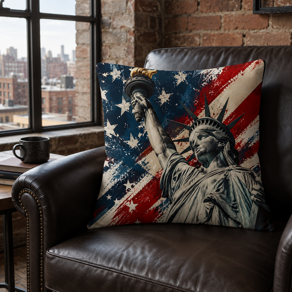 Patriotic Statue of Liberty pillow cover displayed on a vintage dark leather armchair by a window.