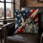 Patriotic Statue of Liberty pillow cover displayed on a vintage dark leather armchair by a window.