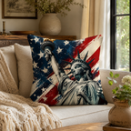Statue of Liberty and American flag throw pillow cover styled on a cozy living room couch.