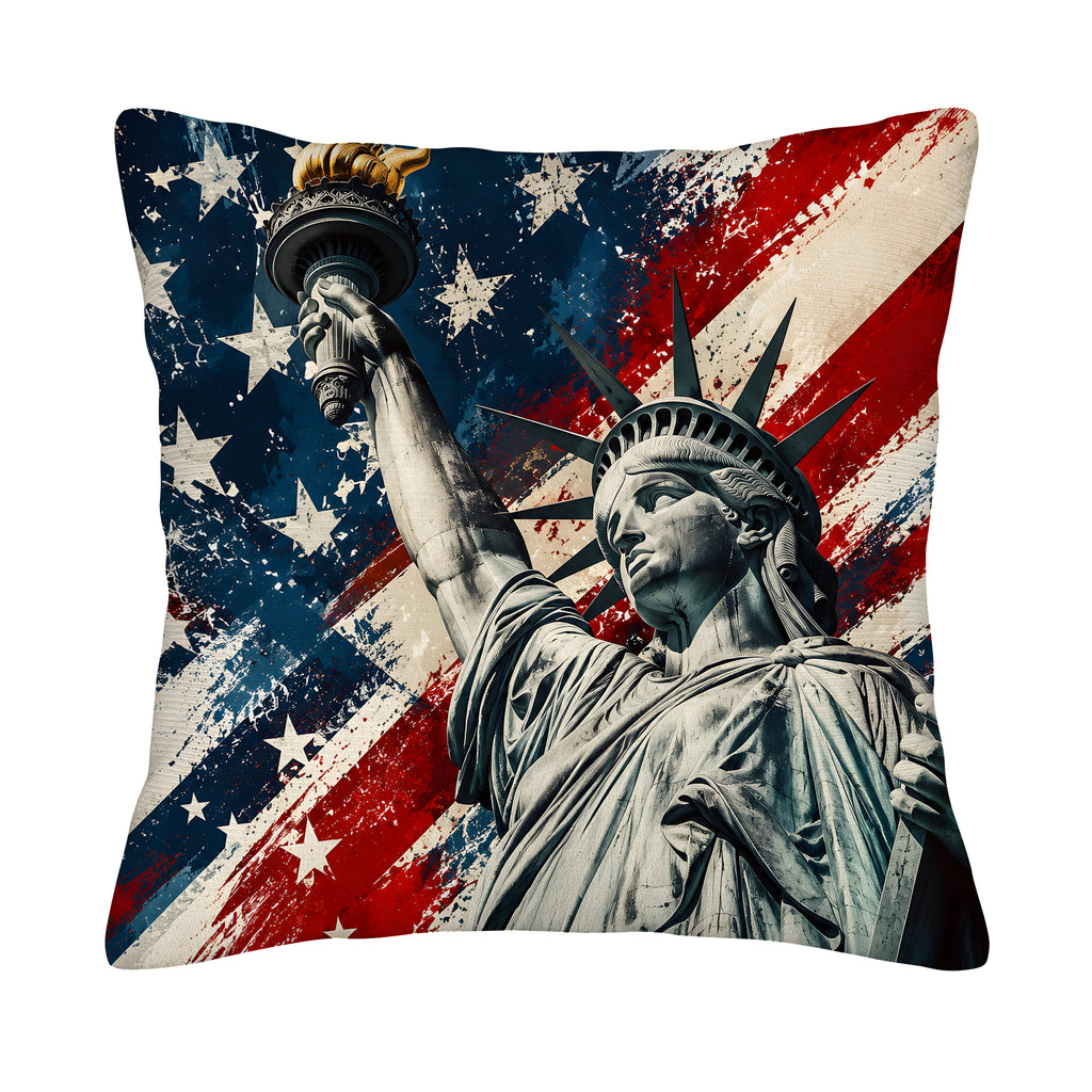 Artistic Statue of Liberty and distressed American flag throw pillow cover isolated on a white background.