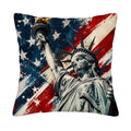 Artistic Statue of Liberty and distressed American flag throw pillow cover isolated on a white background.