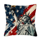 Artistic Statue of Liberty and distressed American flag throw pillow cover isolated on a white background.