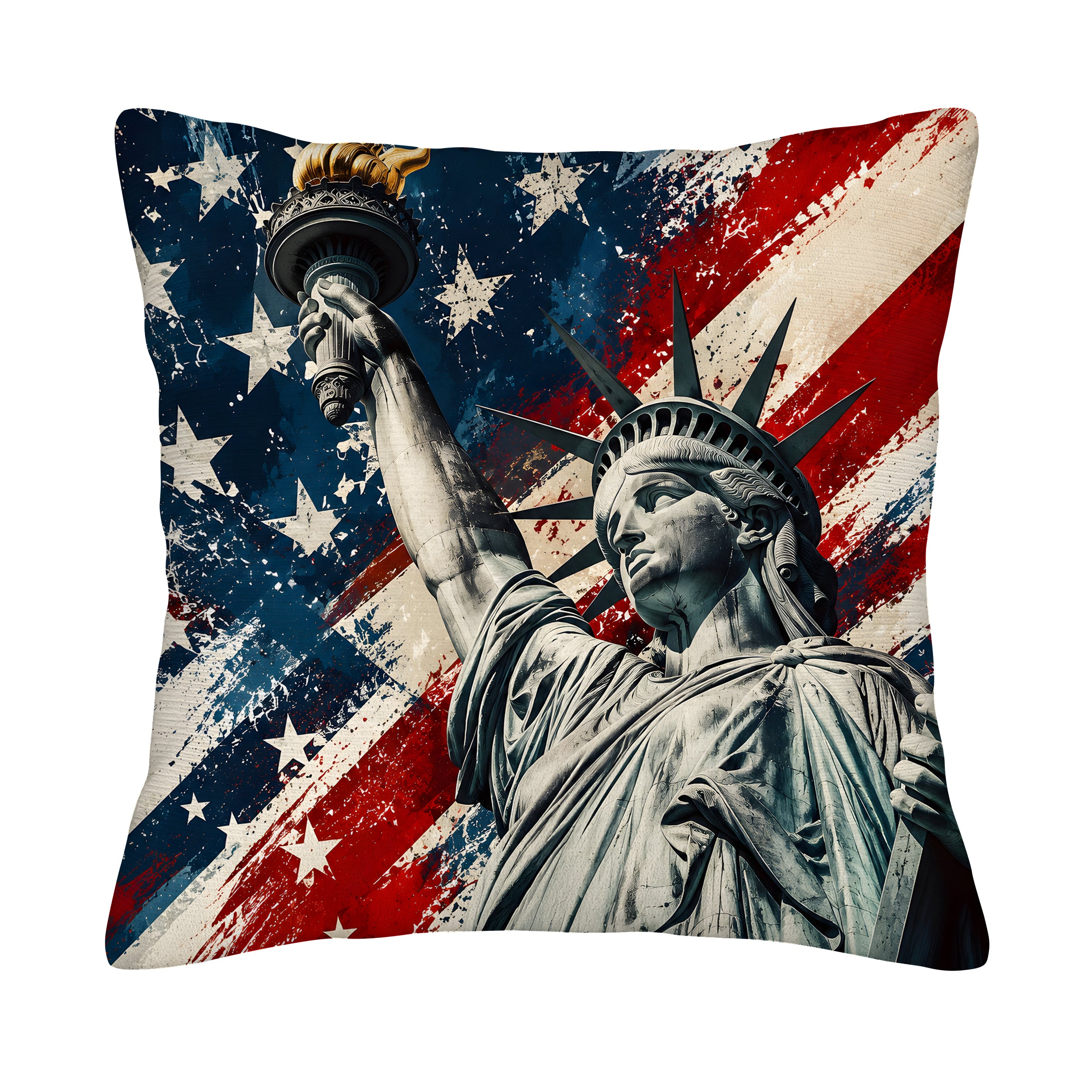 Artistic Statue of Liberty and distressed American flag throw pillow cover isolated on a white background.