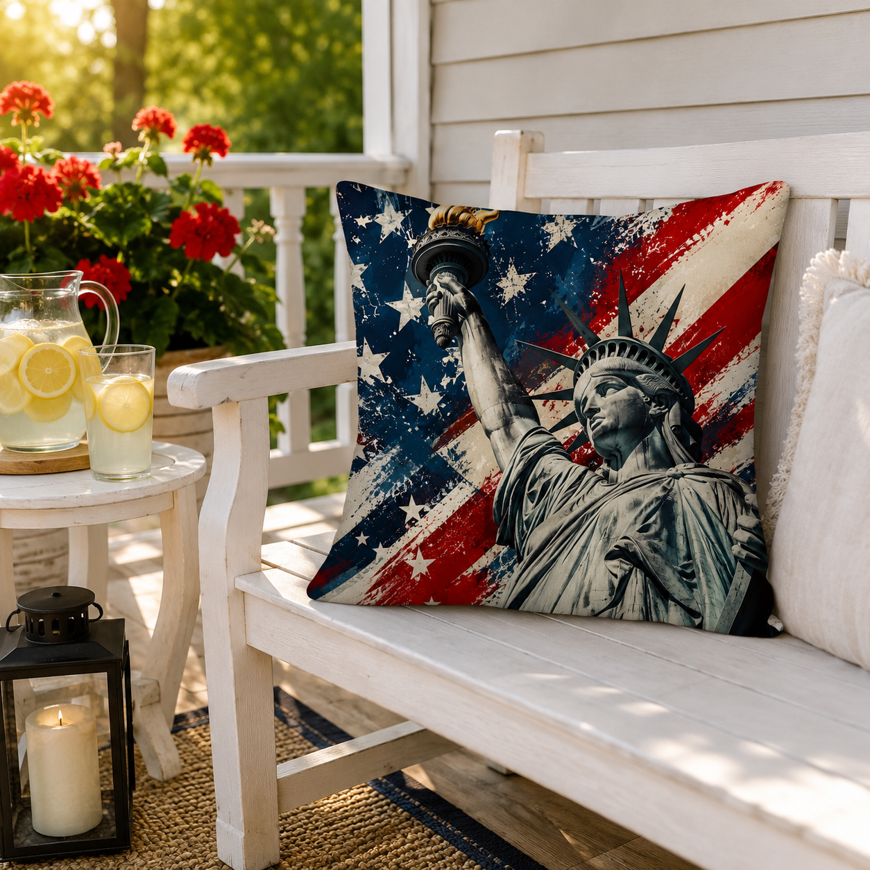 Americana style Statue of Liberty throw pillow cover on a white wooden bench outside on the porch.