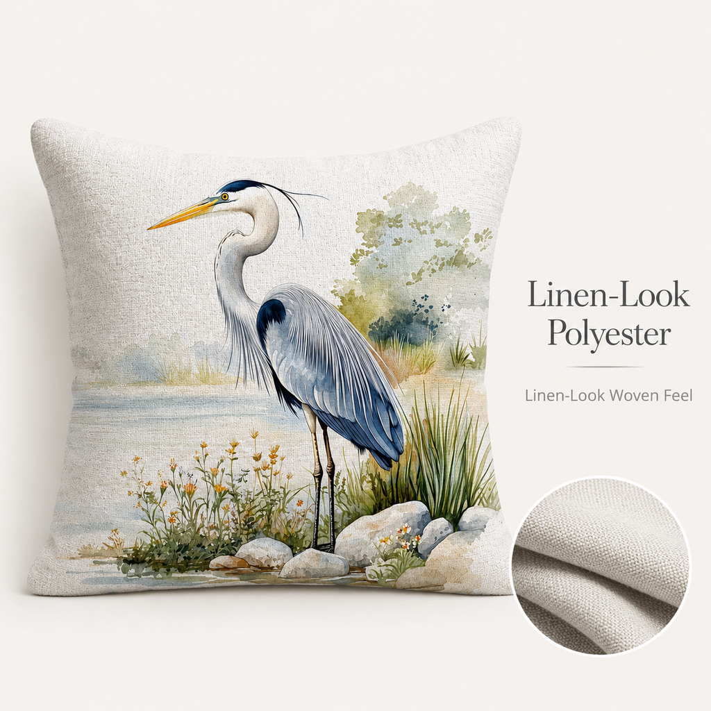 Linen-look heron pillow cover with woven texture and peaceful lakeside scenery.