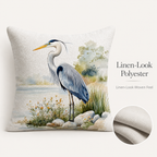 Linen-look heron pillow cover with woven texture and peaceful lakeside scenery.