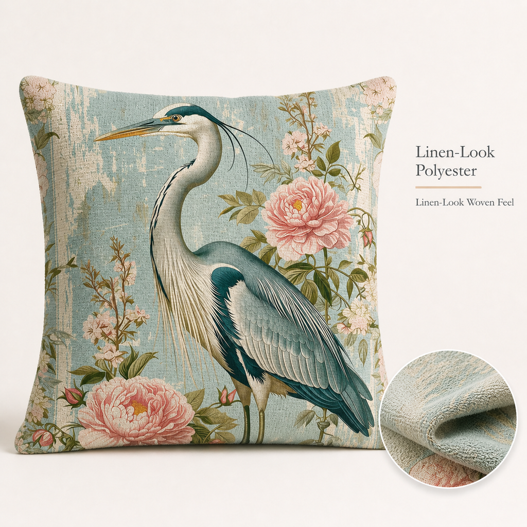 Linen-look heron throw pillow cover with floral print and woven texture
