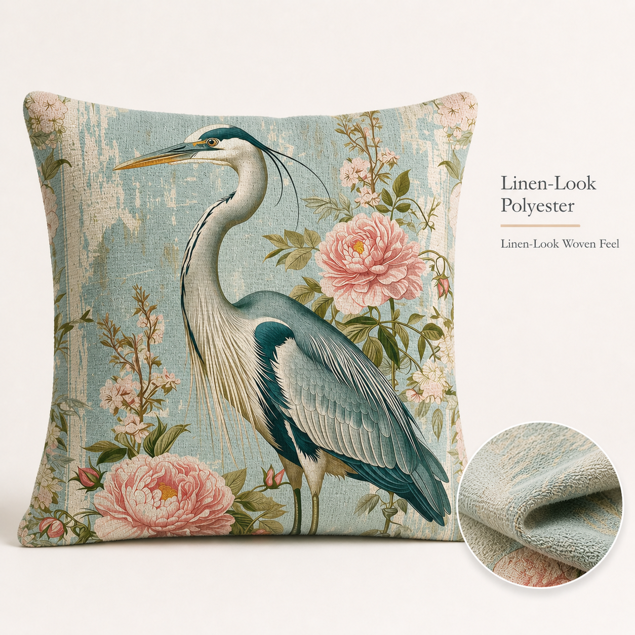 Linen-look heron throw pillow cover with floral print and woven texture