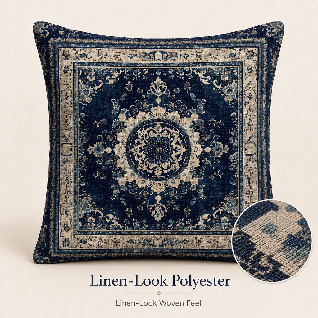 Linen-look medallion pillow cover with blue ornamental woven texture.
