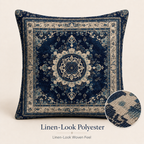 Linen-look medallion pillow cover with blue ornamental woven texture.