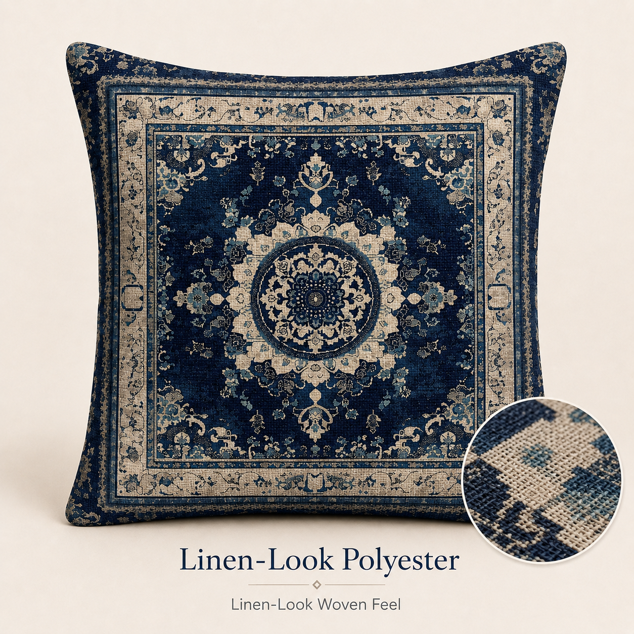 Linen-look medallion pillow cover with blue ornamental woven texture.
