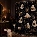 Cozy literary ghost pattern shower curtain in a gothic revival style bathroom with dark wood paneling.