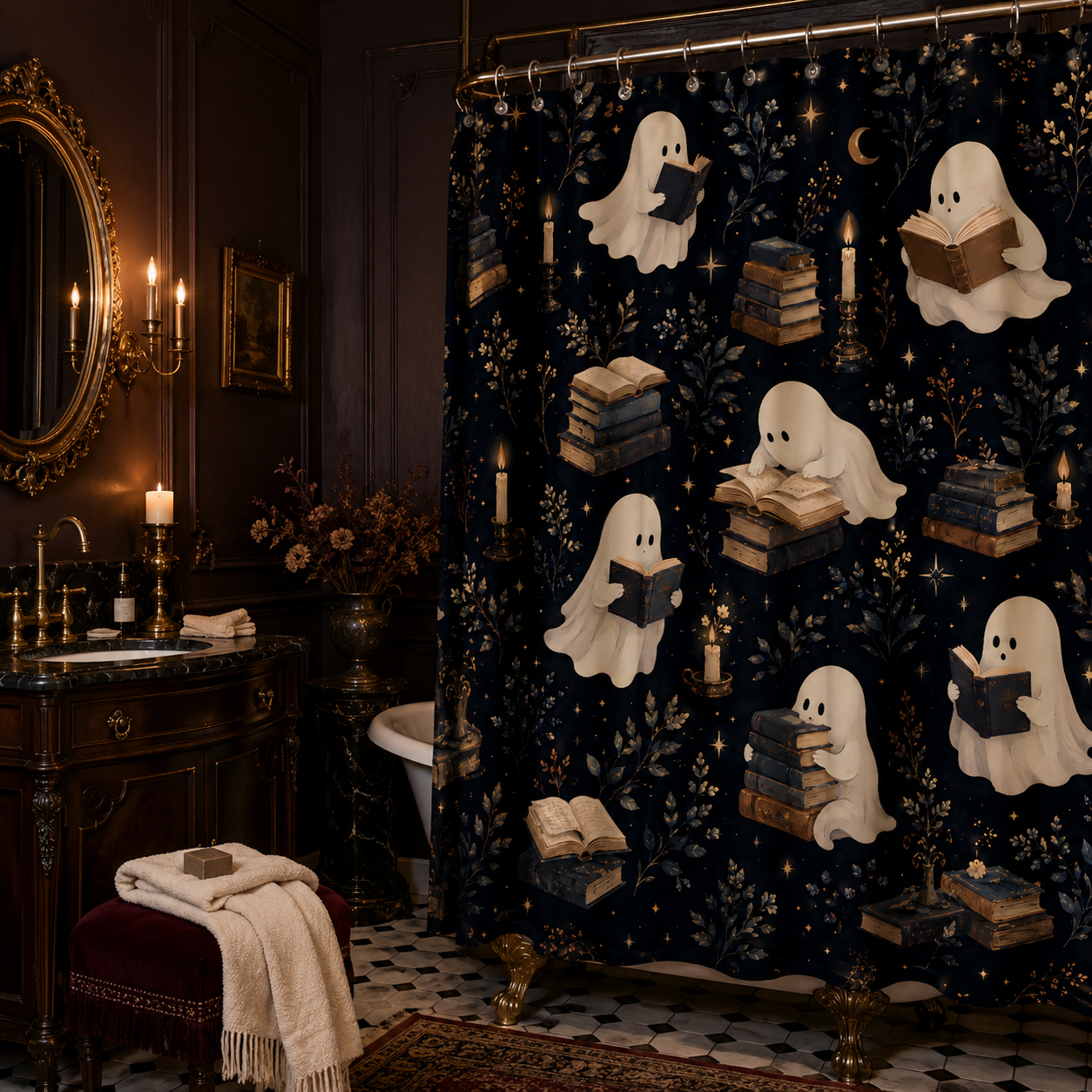Cozy literary ghost pattern shower curtain in a gothic revival style bathroom with dark wood paneling.