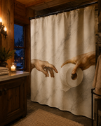 Cozy log cabin bathroom with wooden walls and a window looking out onto a snowy winter night, decorated with a funny toilet paper parody shower curtain.