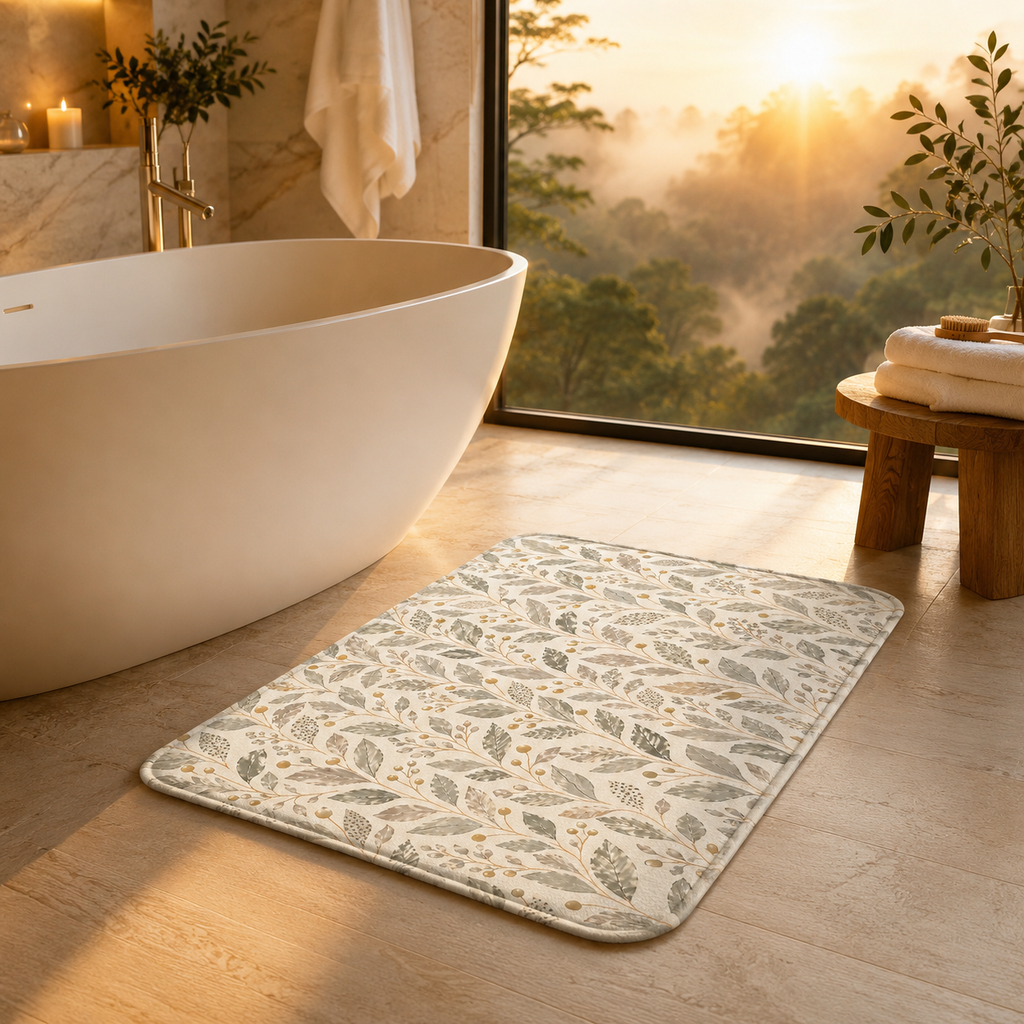 An elegant botanical leaf print bath rug styled next to a modern freestanding bathtub in a luxurious bathroom overlooking a misty forest sunrise.