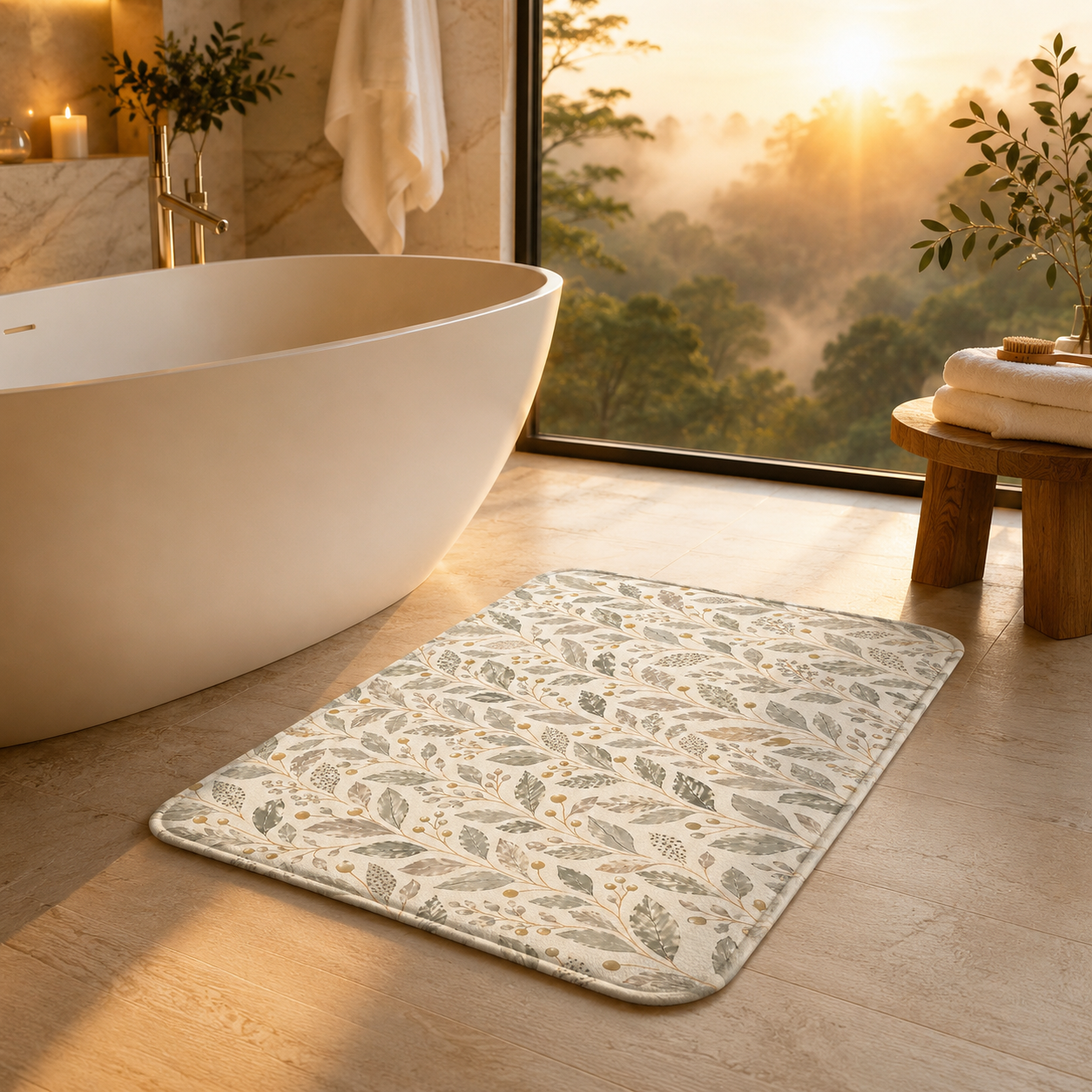 An elegant botanical leaf print bath rug styled next to a modern freestanding bathtub in a luxurious bathroom overlooking a misty forest sunrise.