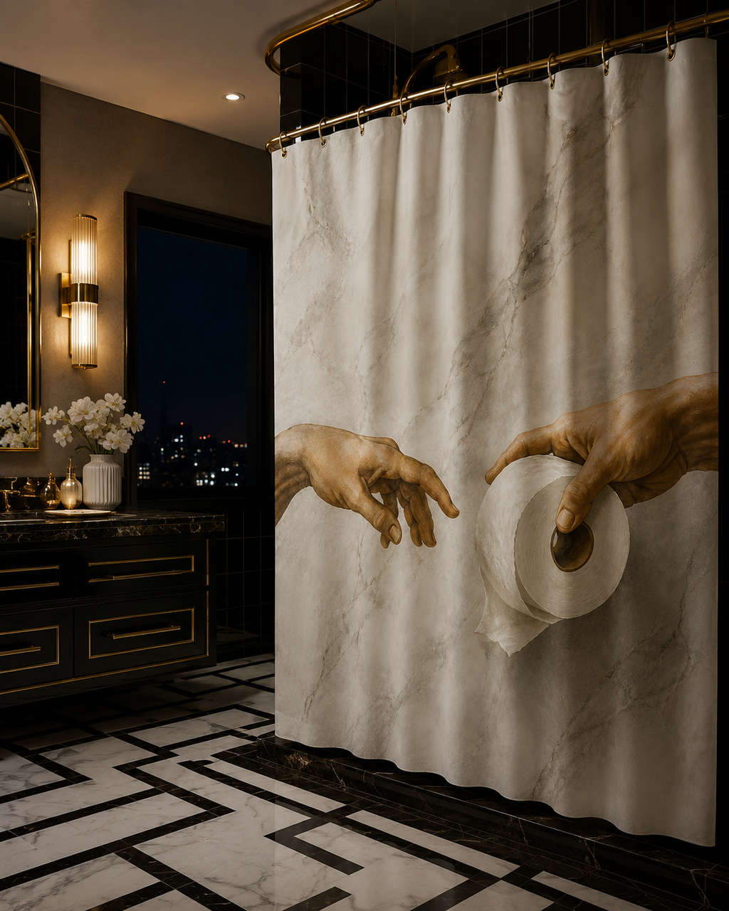Luxury dark bathroom with black and white checkered marble flooring, black cabinetry with gold trim, and a humorous marble-look shower curtain.